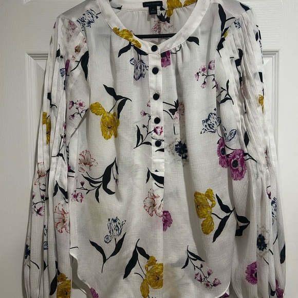 Ann Taylor White Floral Blouse with Yellow and Purple Accents - Picture 5 of 9